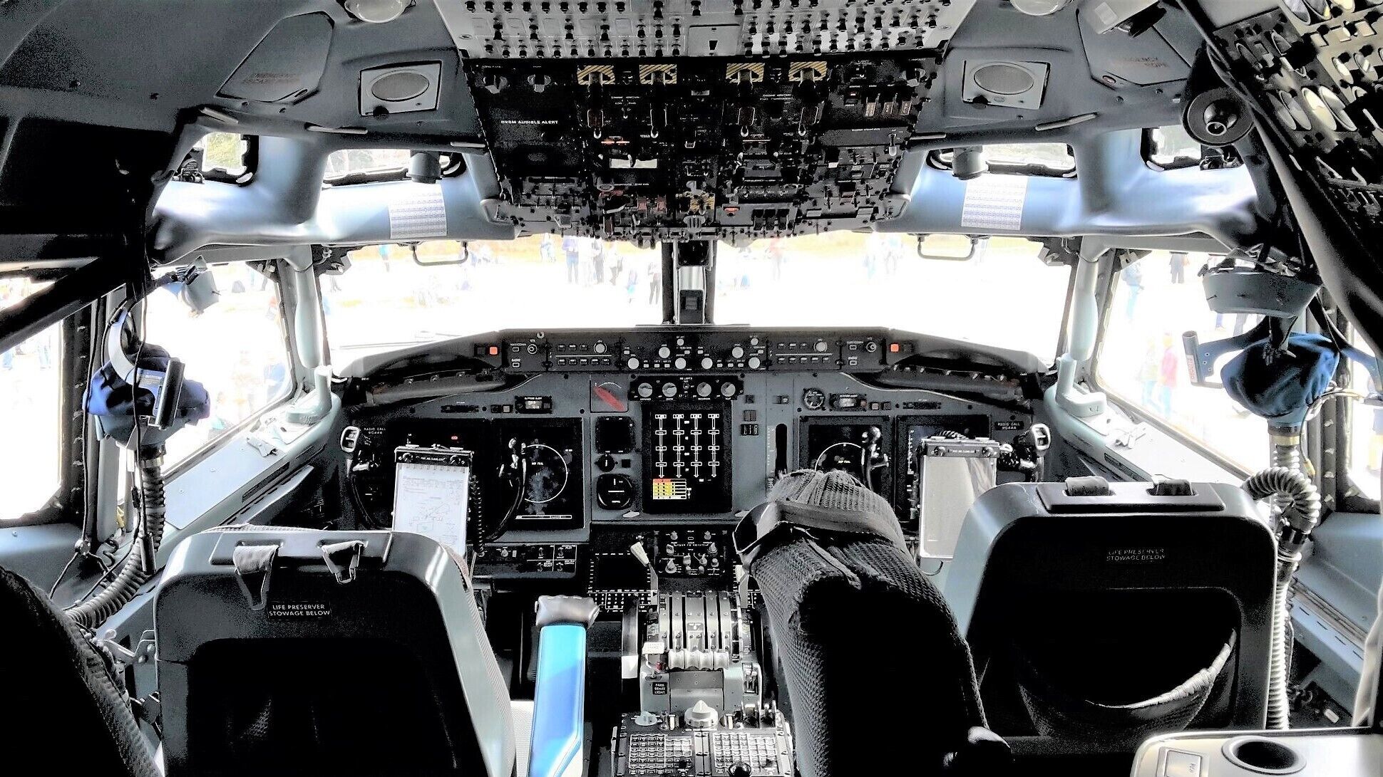 In the cockpit of a (NATO) Boeing E3 AWACS (Airborne Warning & Control System).