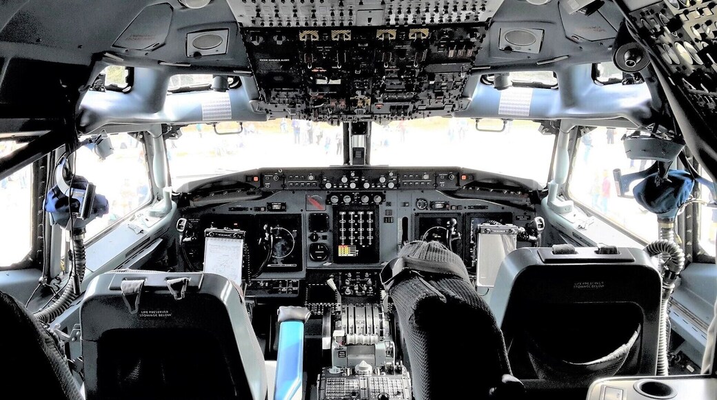 In the cockpit of a (NATO) Boeing E3 AWACS (Airborne Warning & Control System).