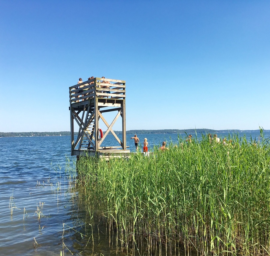Just up from Boo, this is a wonderful Swedish beach with diving plaform, views across the sound and happy kids.