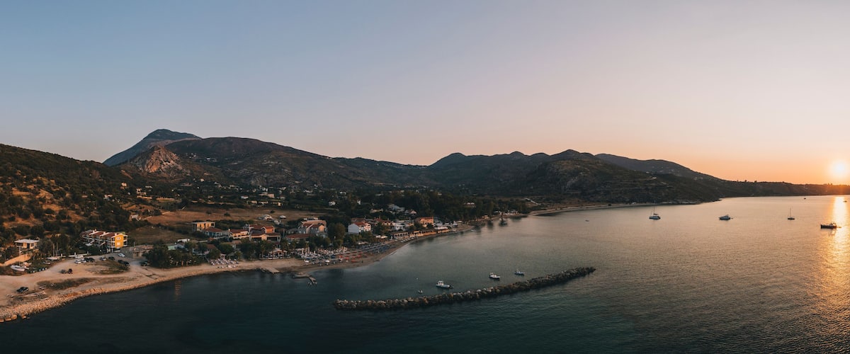 Panoramic view of Katelios village at sunrise, Kefalonia, Greece