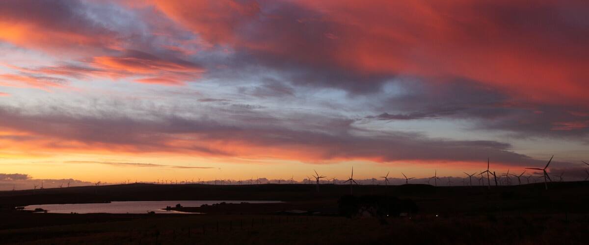 A sunset over a wind farm with a body of water in the foreground.