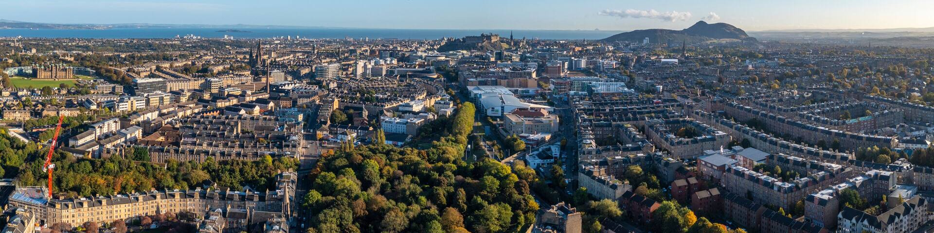 Aerial view of historic city with cathedral and old town, Merchiston, Edinburgh, Scotland.