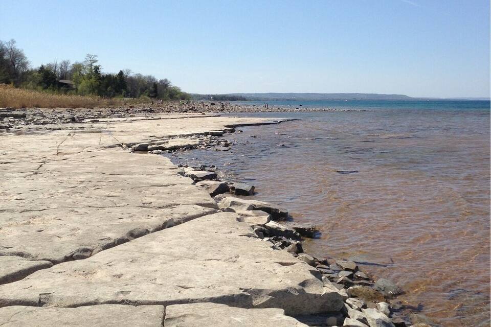 A rocky shoreline with clear water and distant hills.
