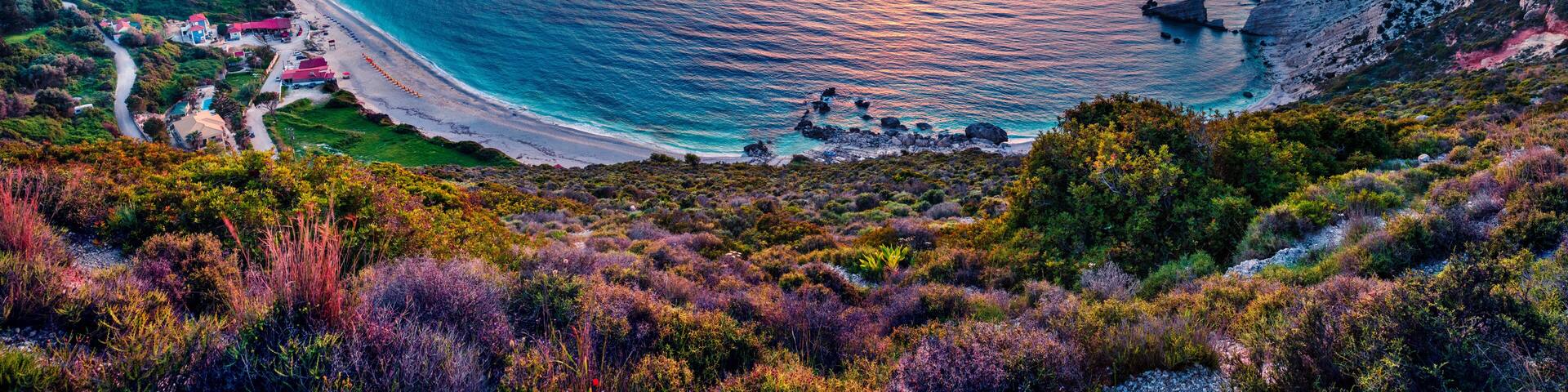 Unbelievable summer view of Petani Beach. Majestic sunset on Cephalonia Island, Greece, Europe. Beautiful evening seascape of Mediterranen Sea. Fantastic outdoor scene of Ionian Islands.