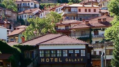 Un pueblo en una colina con edificios de tejados de teja anaranjada, incluyendo un hotel llamado 'HOTEL GALAXY'.