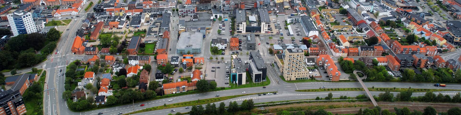 Aerial panorama of the downtown of the city Herning in Denmark on a sunny summer day.