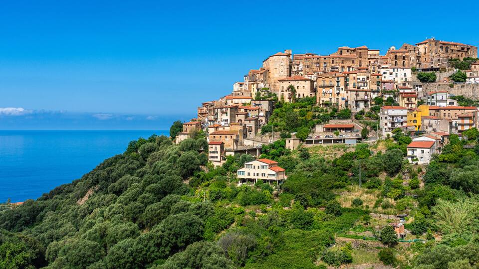A coastal town with terraced buildings, dense greenery, and a clear blue sea.
