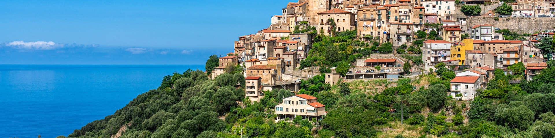 A coastal town with terraced buildings, dense greenery, and a clear blue sea.