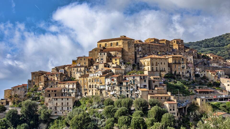 A densely packed hillside town with historic buildings and lush greenery.
