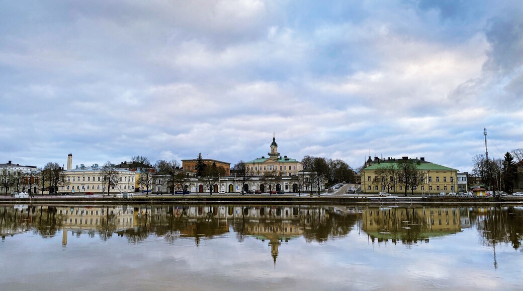 The landscape of Pori city reflected in Kokemäenjoki River. The city located near Yyteri Beach in the Satakunta region, southwestern Finland