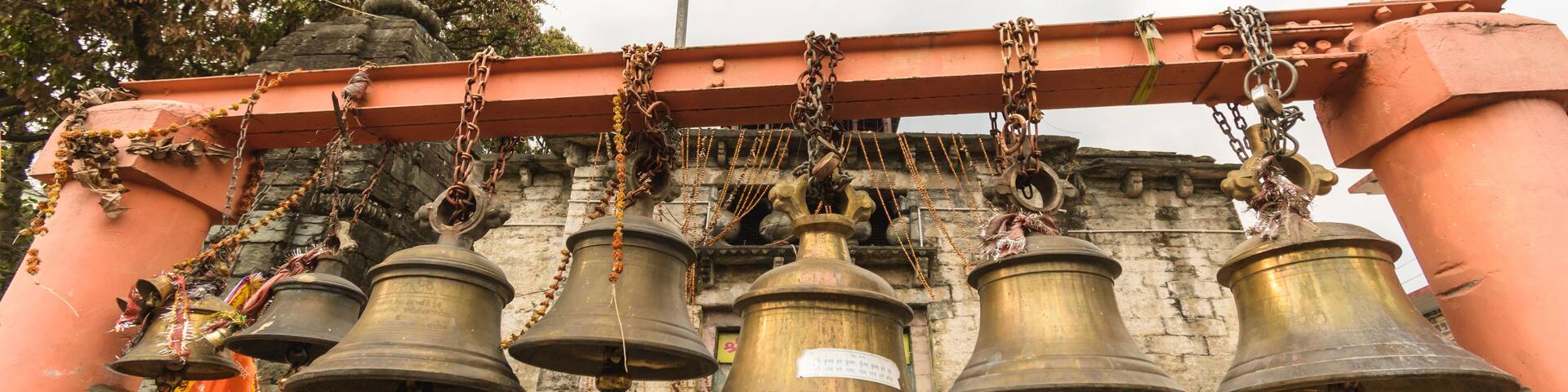The temple bells inside the ancient Bagnath temple complex built in the Nagara style in the 15th century in the Himalayan town of Bageshwar..