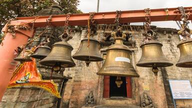 The temple bells inside the ancient Bagnath temple complex built in the Nagara style in the 15th century in the Himalayan town of Bageshwar..