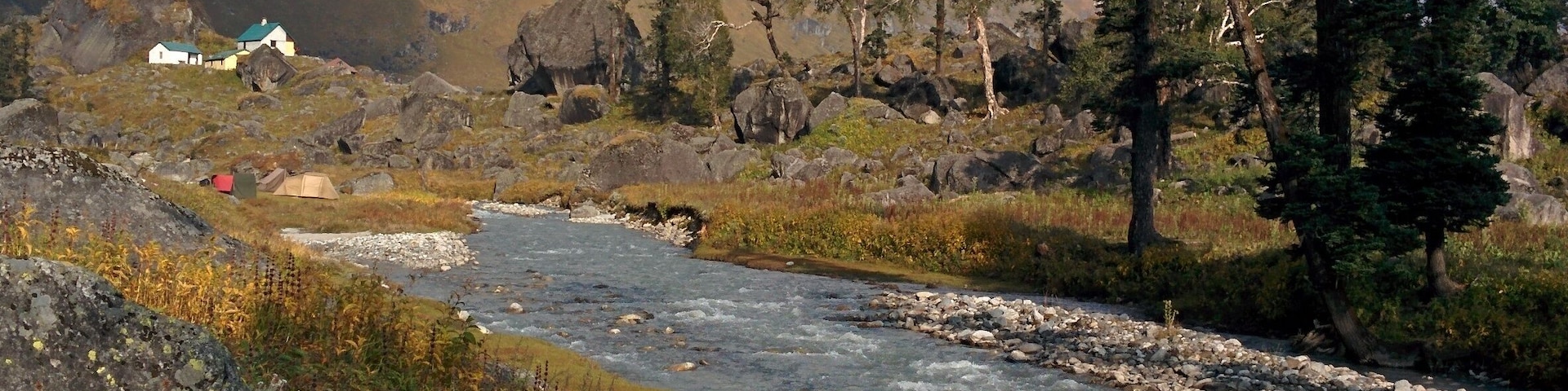 A river flowing through a mountainous landscape with a small settlement and tall trees.