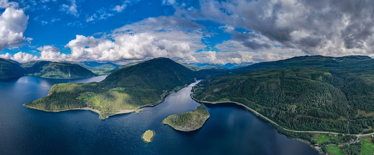 Aerial view of the Fjords and mountains in Norway lake during summertime