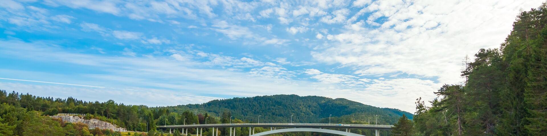 Bridge mirroring in water - sunny day near Alesund, Norway