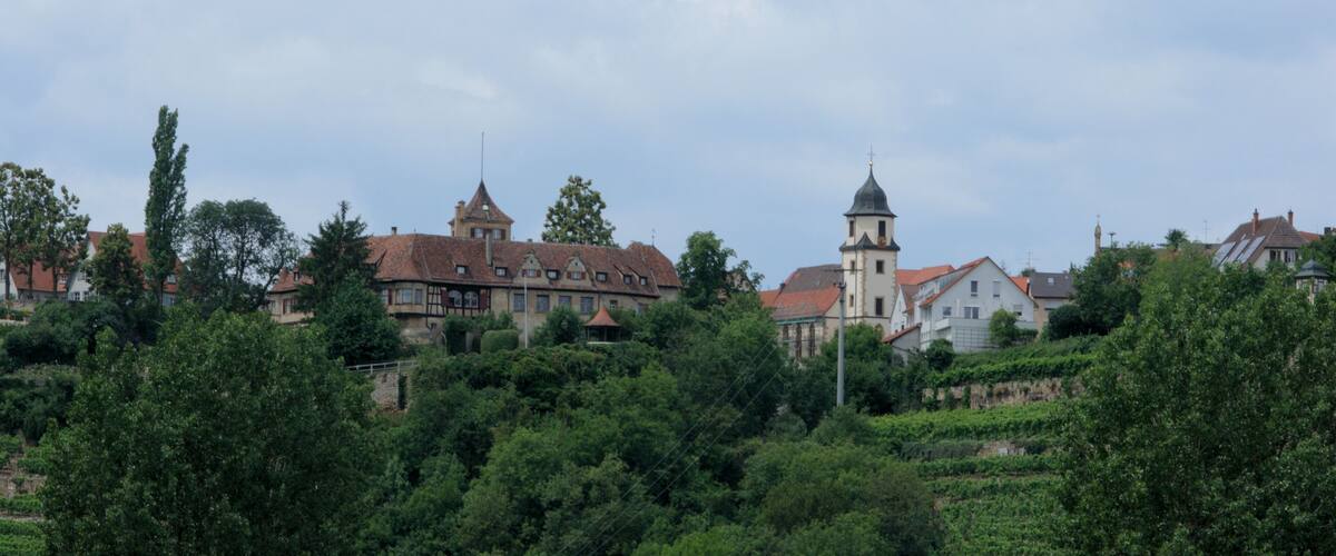 A town with historic buildings, a church tower, and lush greenery.