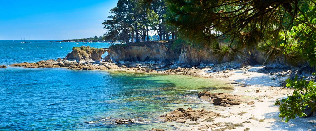 A coastal landscape with clear turquoise waters, rocky shorelines, and dense pine trees.