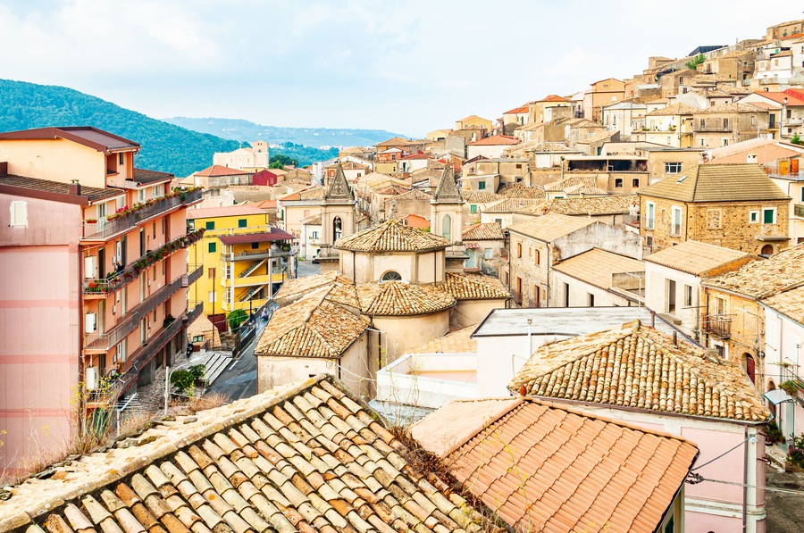 Traditional Italian village scenery. Cityscape of Curinga in Calabria, Italy. Medieval cityscape skyline of small southern Italian city located on evergreen mountains