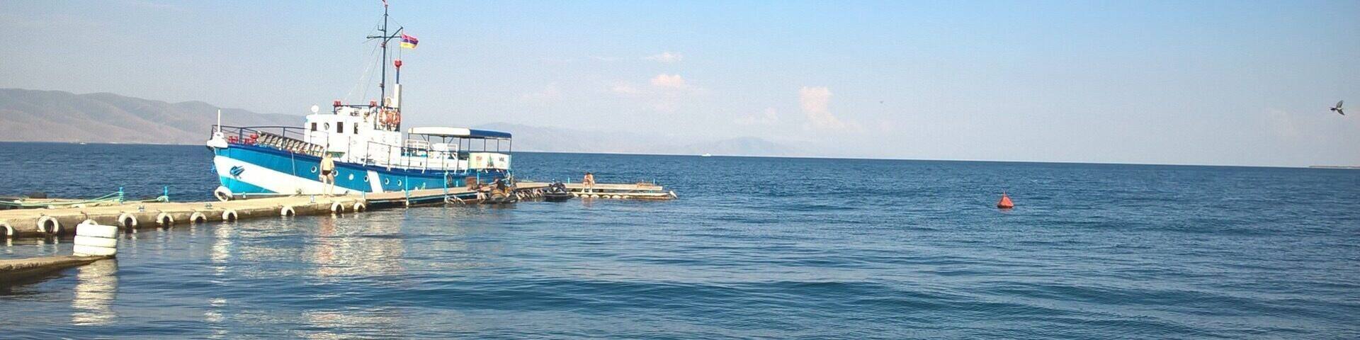 View of a small boat that takes tourists out on short journeys around Lake Sevan in Armenia.