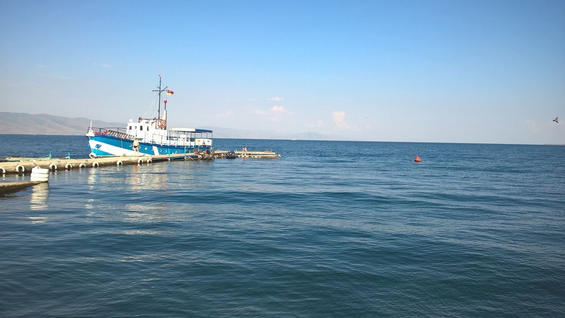 A blue and white boat docked at a pier with calm water and a clear sky.