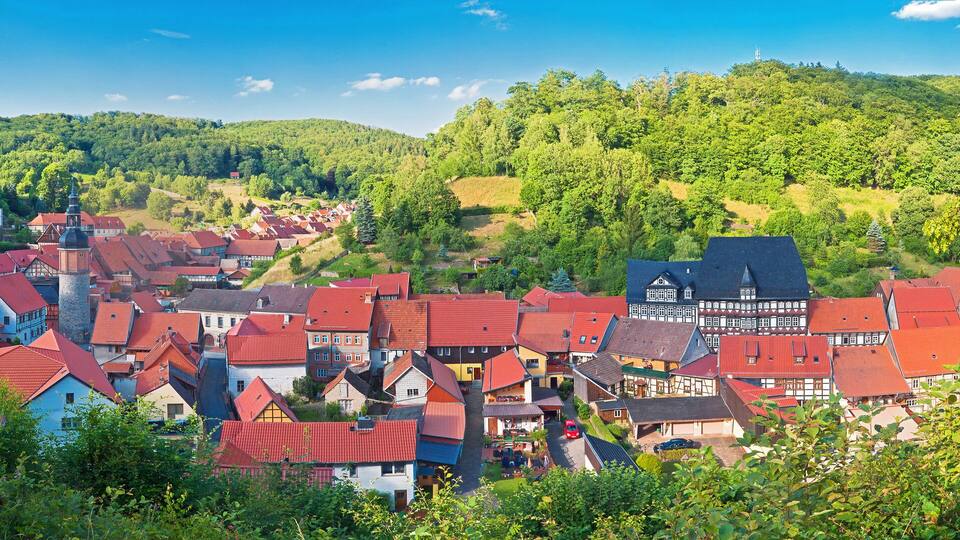 A town with red-roofed houses, a castle, and lush green hills.