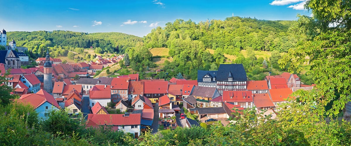 A town with red-roofed houses, a castle, and lush green hills.