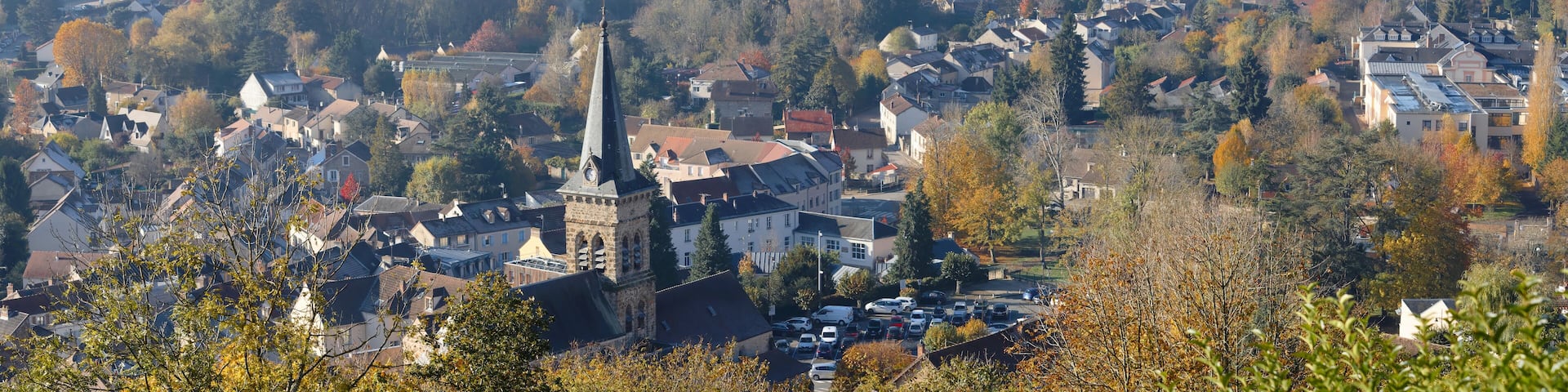Aerial view of the village of Chevreuse and Catholic church of Saint-Martin , France