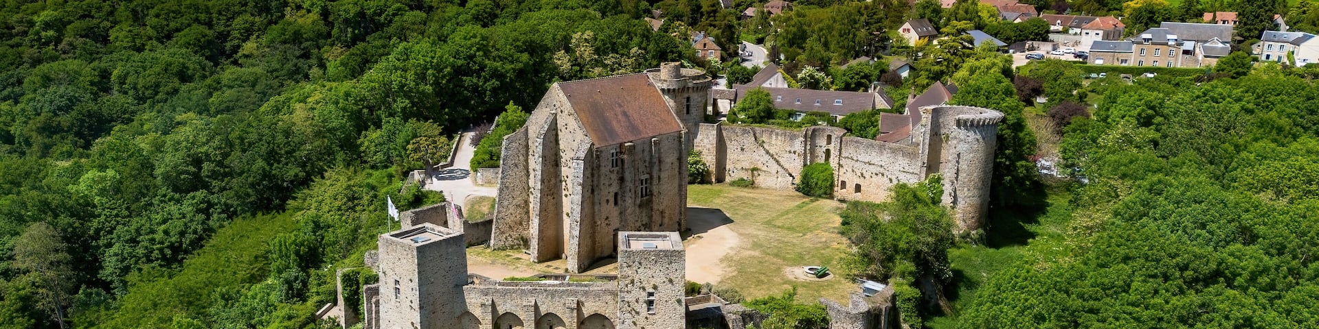 An aerial view of a medieval castle surrounded by dense forest.