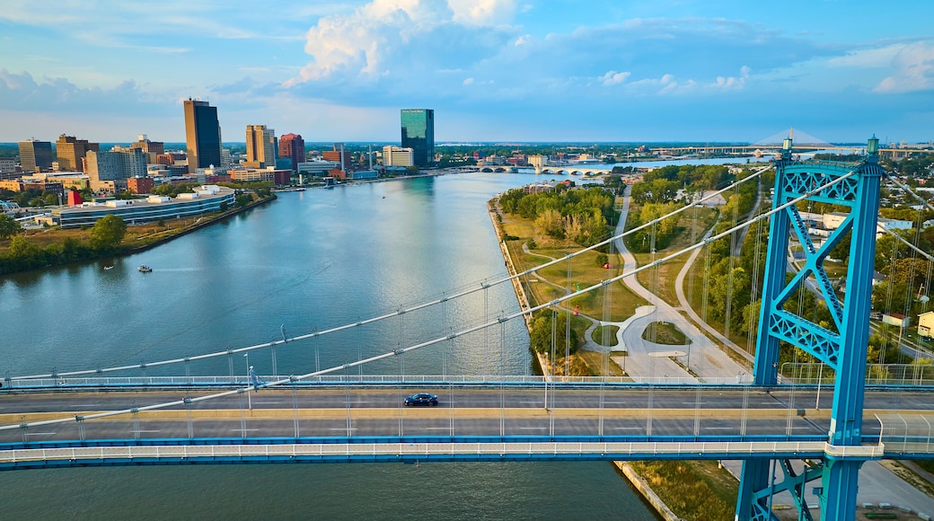 Aerial View of Anthony Wayne Bridge and Toledo Skyline at Golden Hour