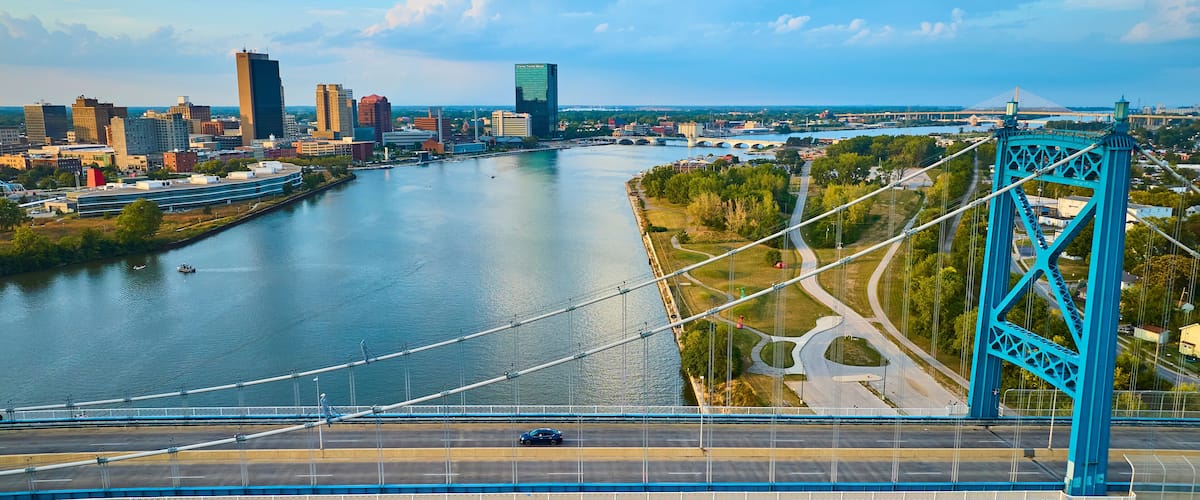 Aerial View of Anthony Wayne Bridge and Toledo Skyline at Golden Hour