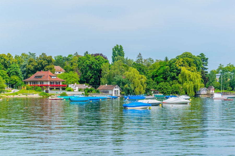 View of a lakeside promenade of the swiss city Radolfzell am Bodensee.