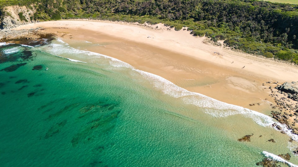 A coastal landscape with a sandy beach, clear turquoise waters, and a forested cliff.
