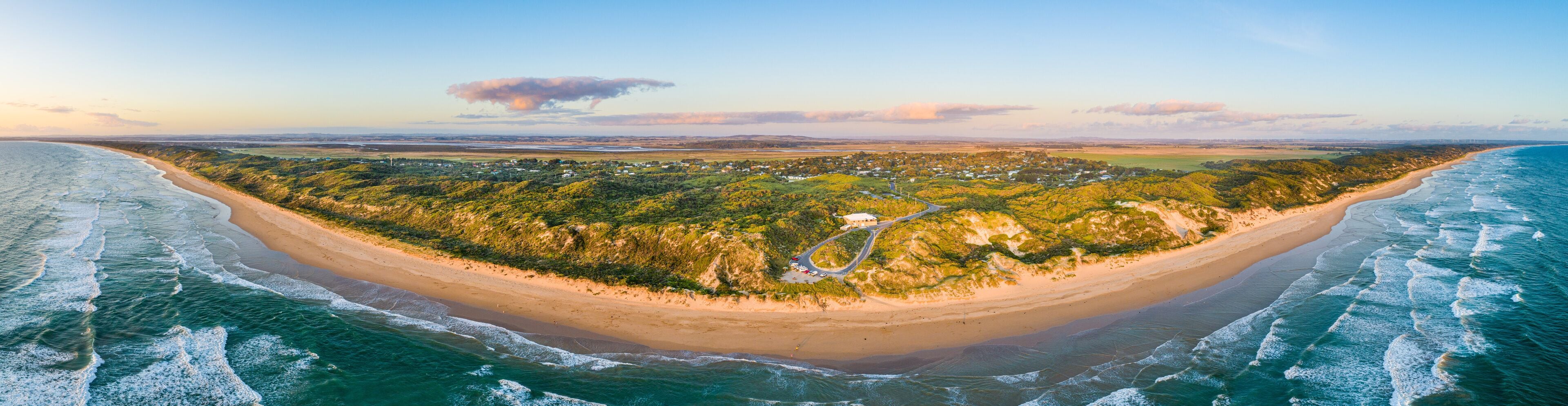 180 aerial panorama of Venus Bay beach at sunset in Victoria, Australia
