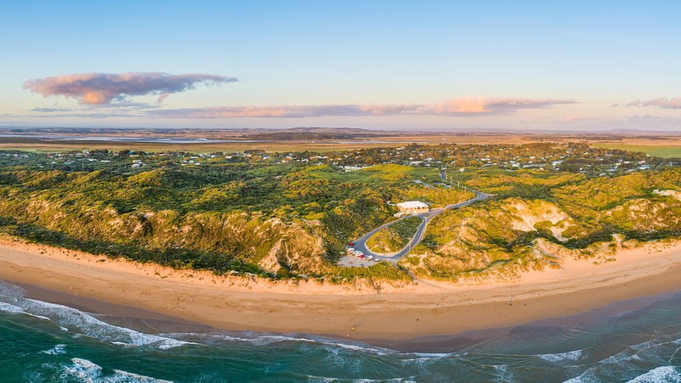 180 aerial panorama of Venus Bay beach at sunset in Victoria, Australia