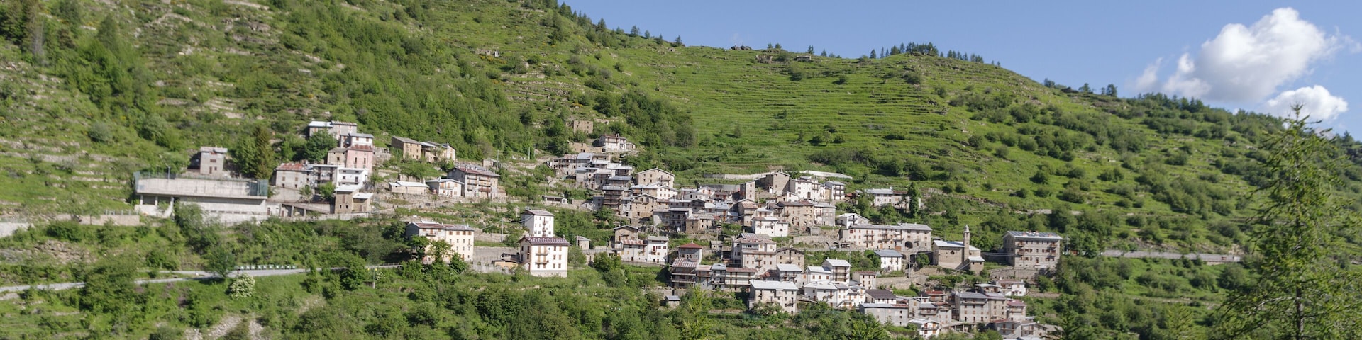 Un pueblo en la ladera de una colina, con casas ubicadas entre verdes colinas y árboles.