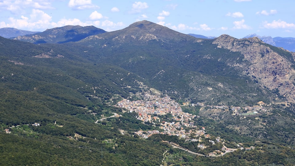 Aerial photo of Biddamanna Istrisàili/Villagrande Strisaili village in Sardinia, Italy