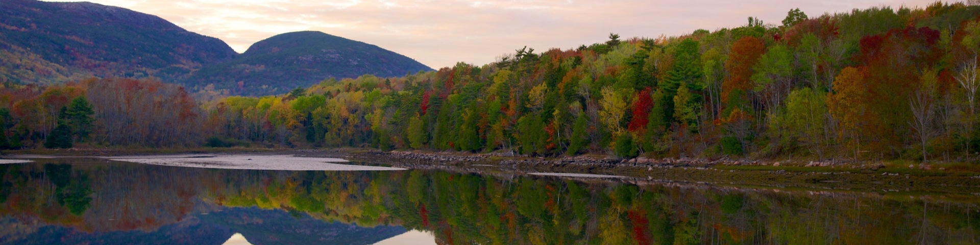 Parque Nacional Acadia mostrando bosques, un lago o laguna y montañas