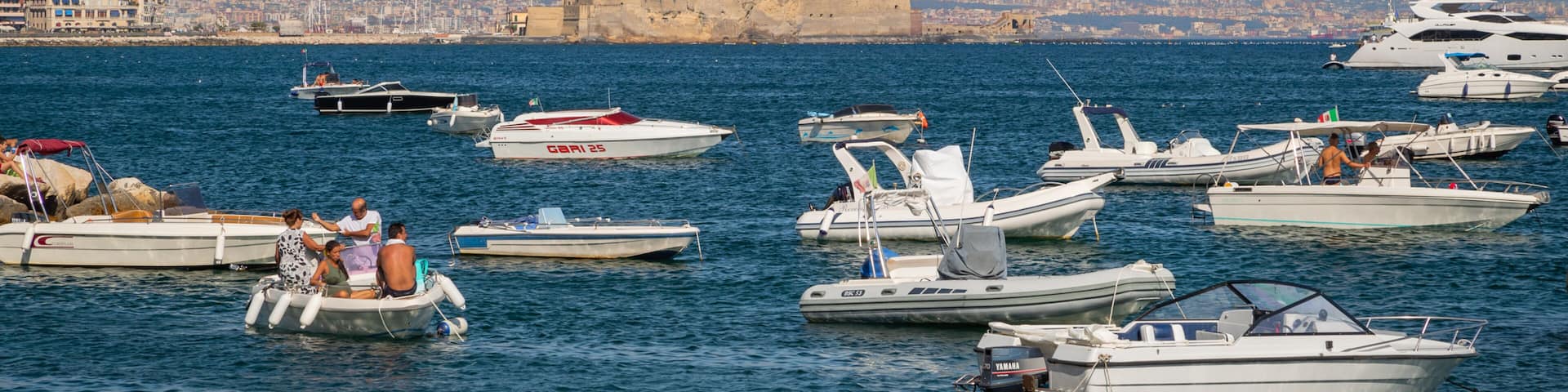 A marina with various boats, a prominent castle, and a mountain in the background.