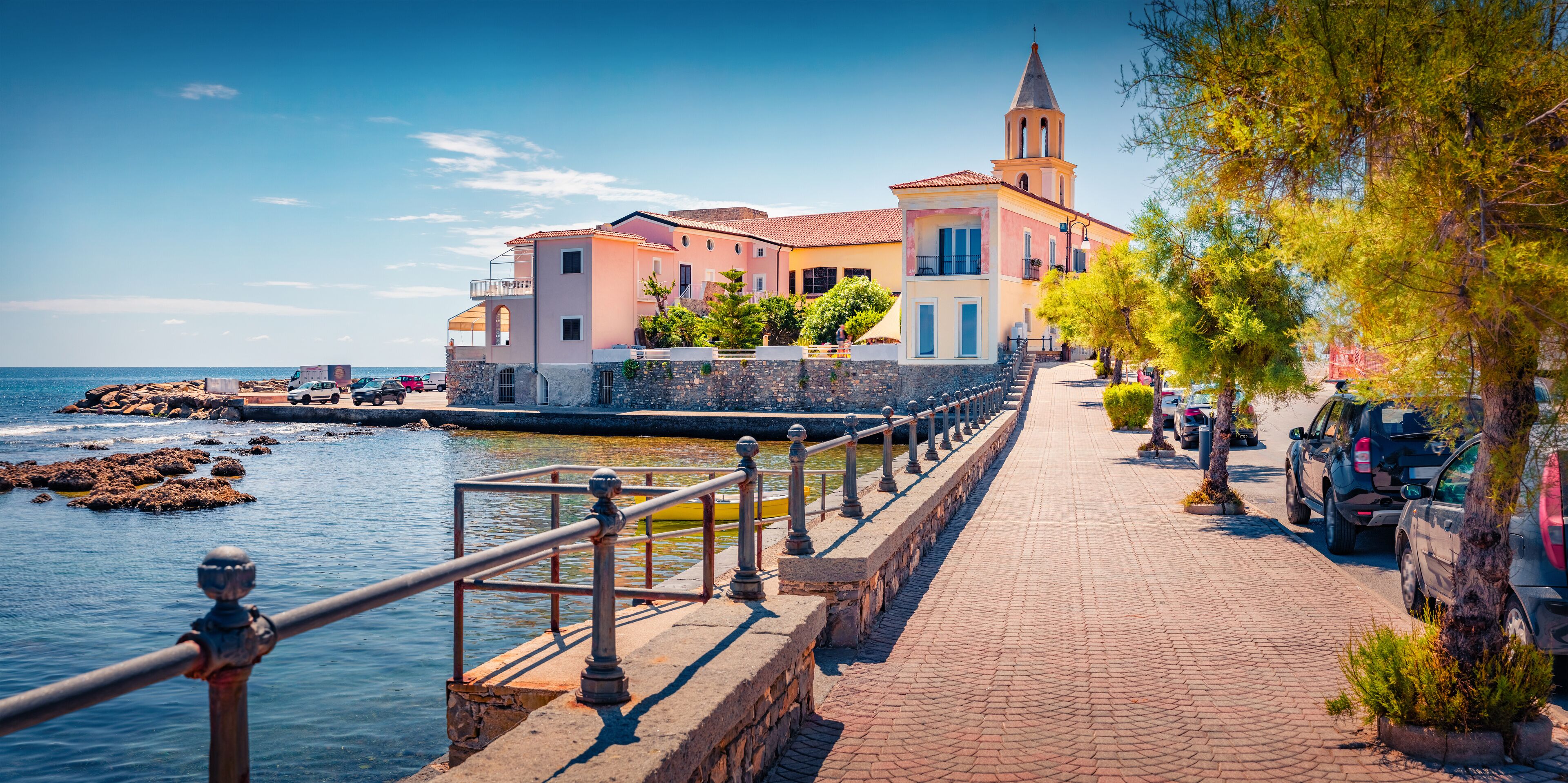 Stunning summer day on the Mediterraneanm coast of Italy. Sunny morning view of empty quay of Acciaroli - Italian hamlet, the most populous in the comune of Pollica, Province of Salerno, Italy, Europe