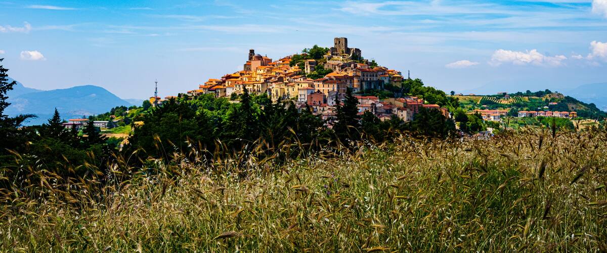 A historic town with red-roofed buildings on a hill, surrounded by greenery and a clear blue sky.