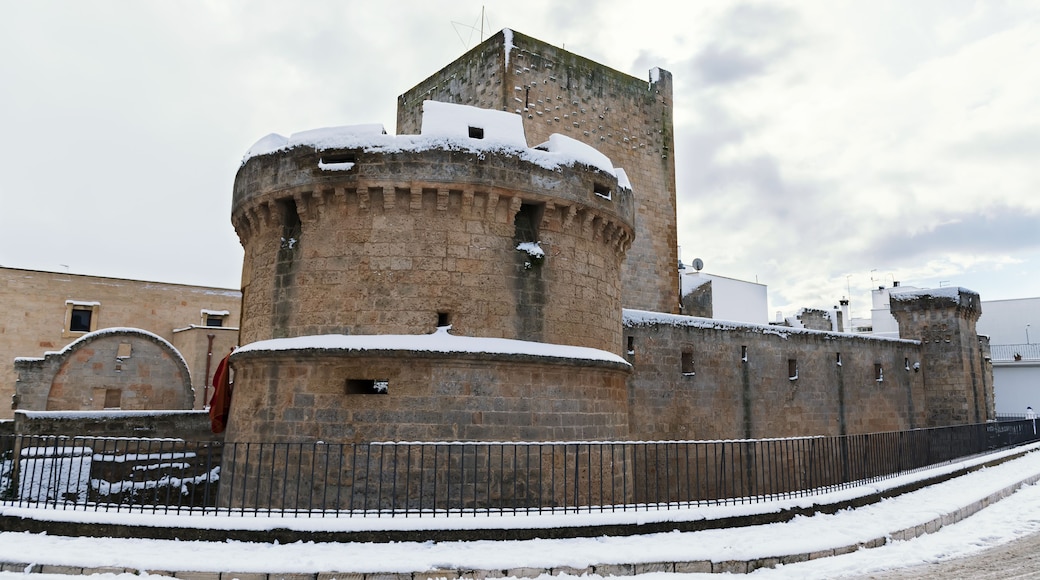Torrione di Avetrana is part of the medieval castle, located in the historic center, after a exceptional snowfall, Salento, Apulia, Italy