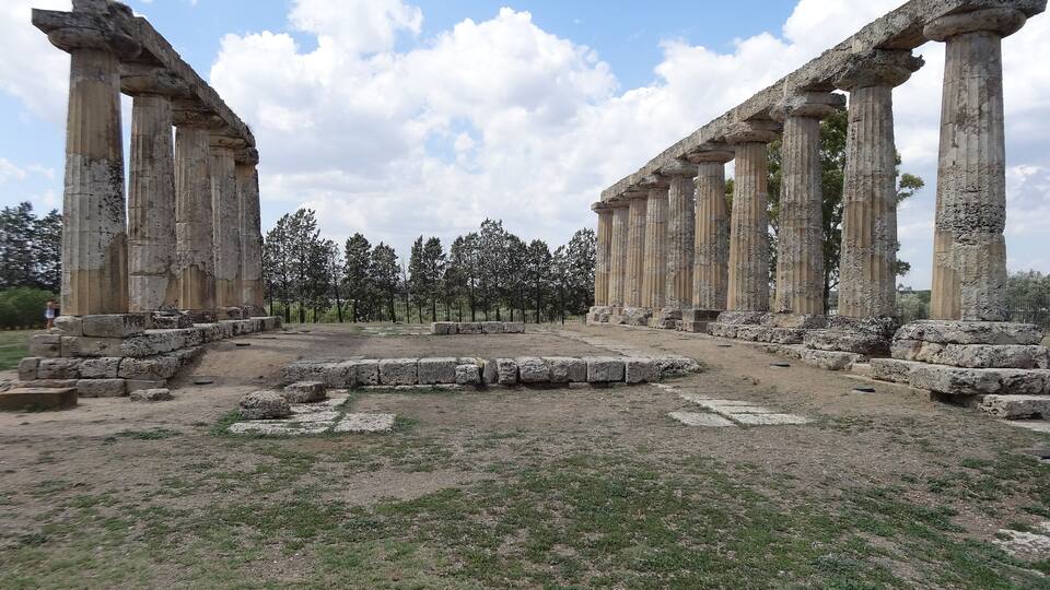 Ancient stone columns and ruins in a grassy field with trees in the background.