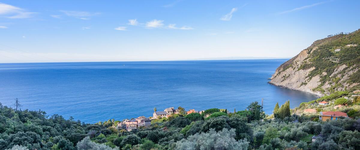 A coastal village with buildings nestled among lush greenery, overlooking a calm sea.
