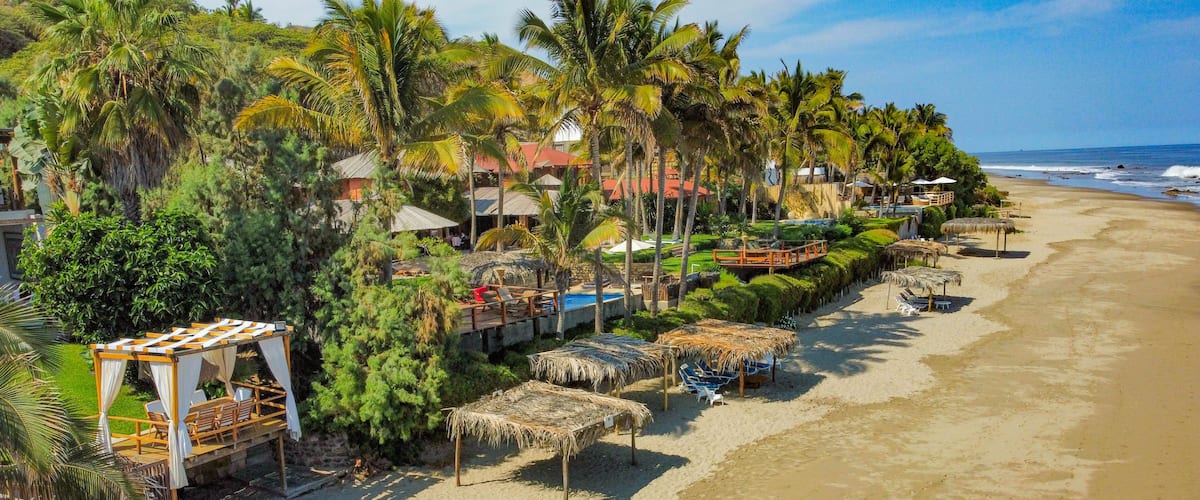 A beach with palm trees, thatched umbrellas, and a wooden walkway.