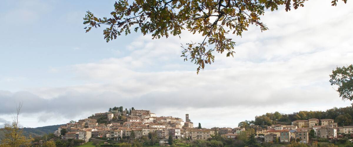 A historic town nestled in a valley with terraced buildings and dense forest.