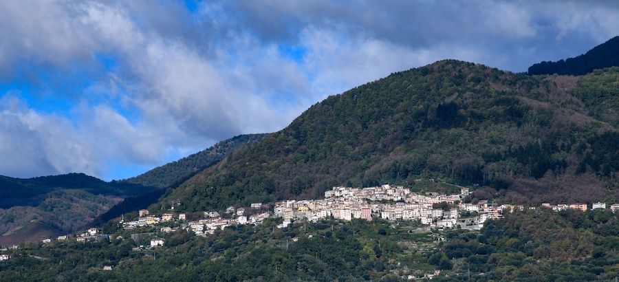 Un village de montagne, entouré de collines densément boisées, sous un ciel dégagé.