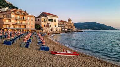 A beach with rows of sunbeds and umbrellas, a red boat, and historic buildings along the coastline.