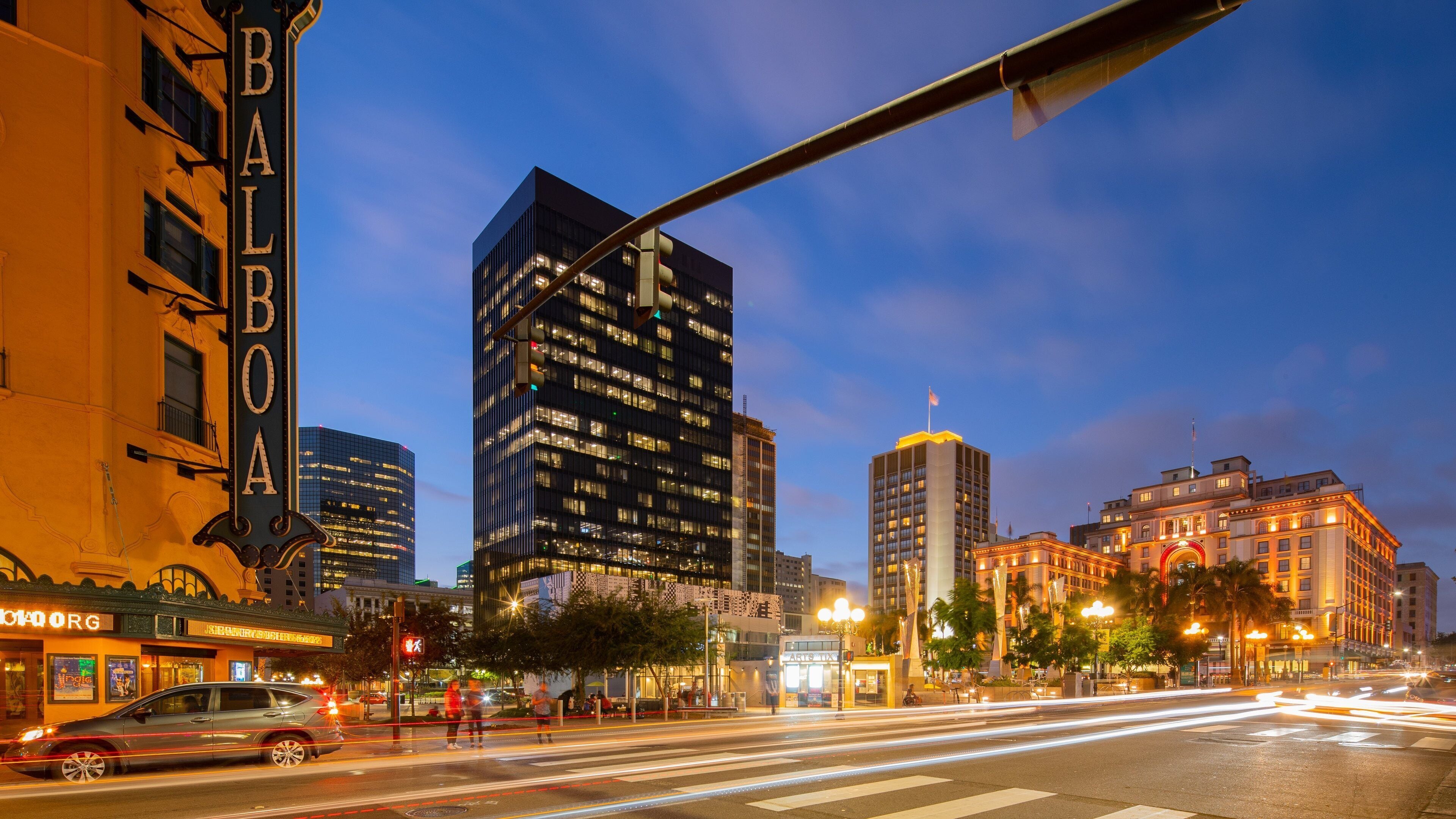 Gaslamp Quarter featuring night scenes and a city
