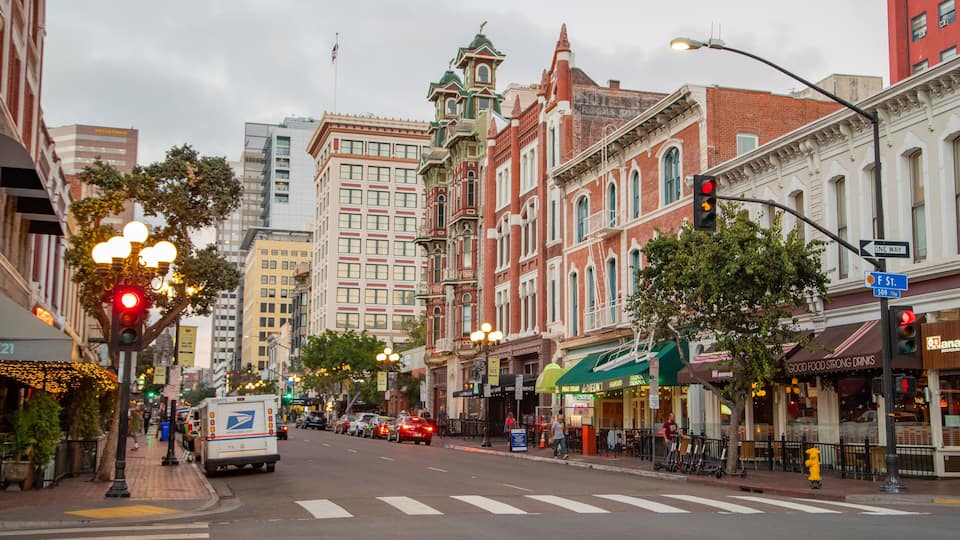 A street with historic buildings, a UPS truck, and a crosswalk.
