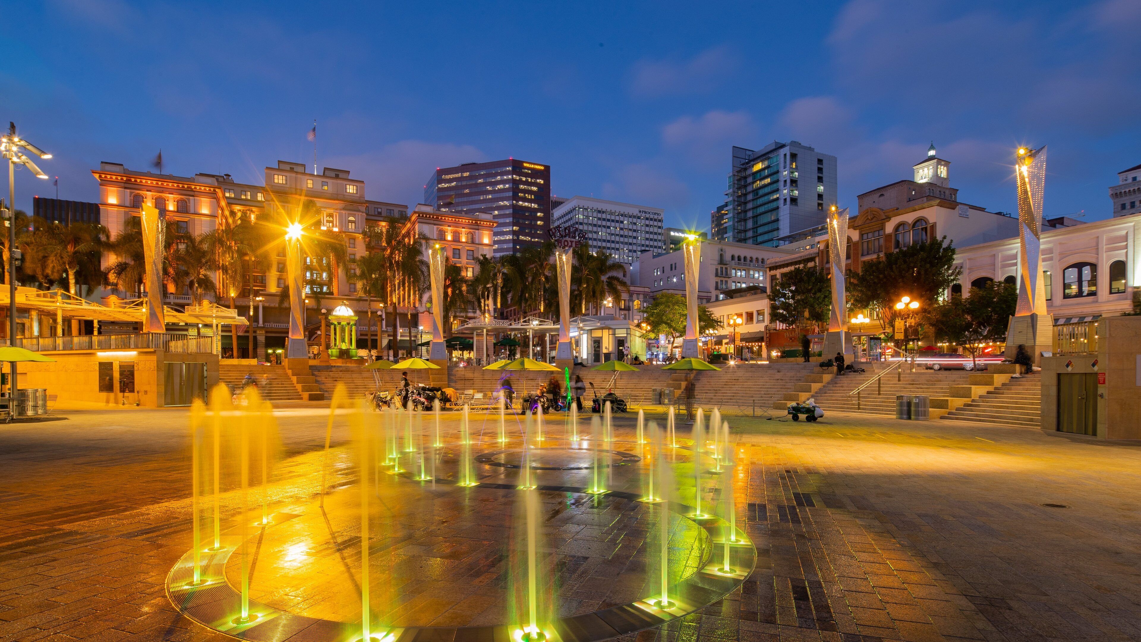 Gaslamp Quarter which includes a fountain, a city and night scenes